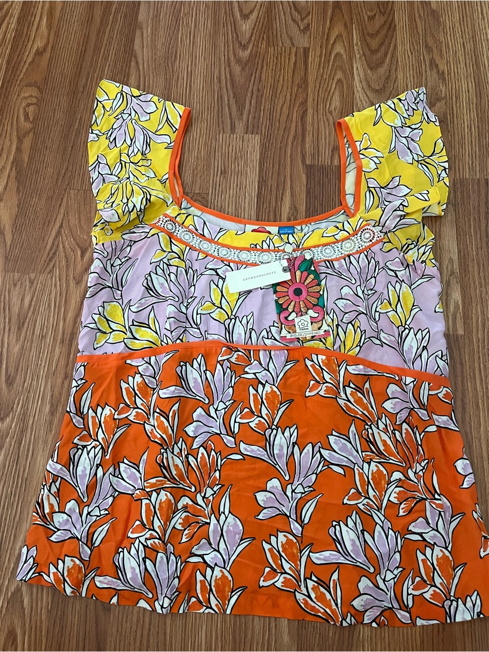 FARM Rio Multicolor Floral Square-Neck Blouse — Yellow, Orange, Lavender